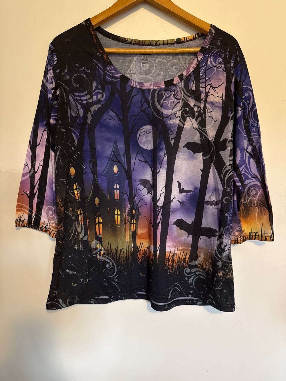 Halloween wraparound haunted house graphic long sleeve top Sz XXL bats cemetery